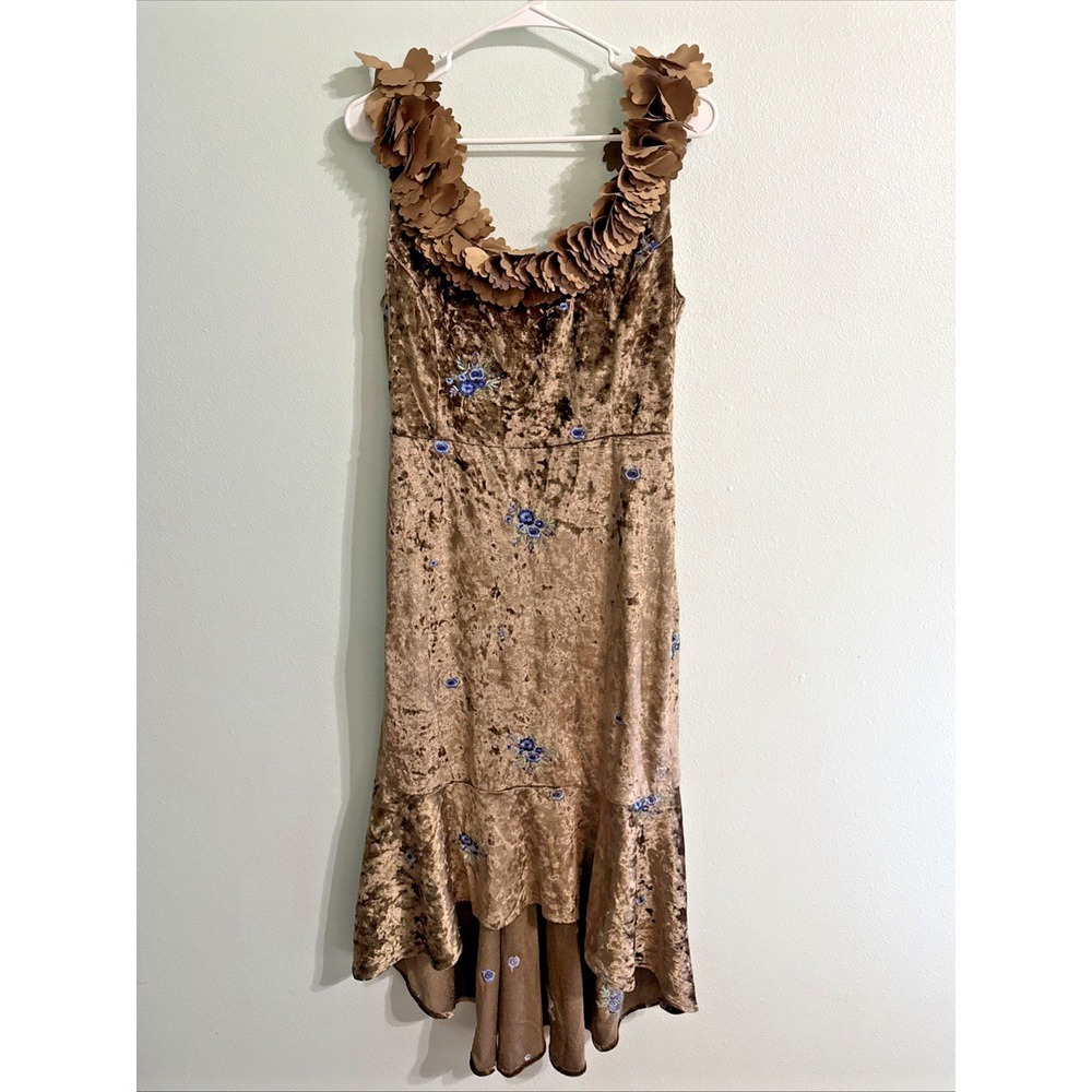 Trish Scully Size 8 Brown Velvet Floral Ruffle Neck Midi Dress‎ NWT